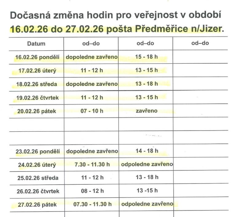 Změna otevírací doby - pošta